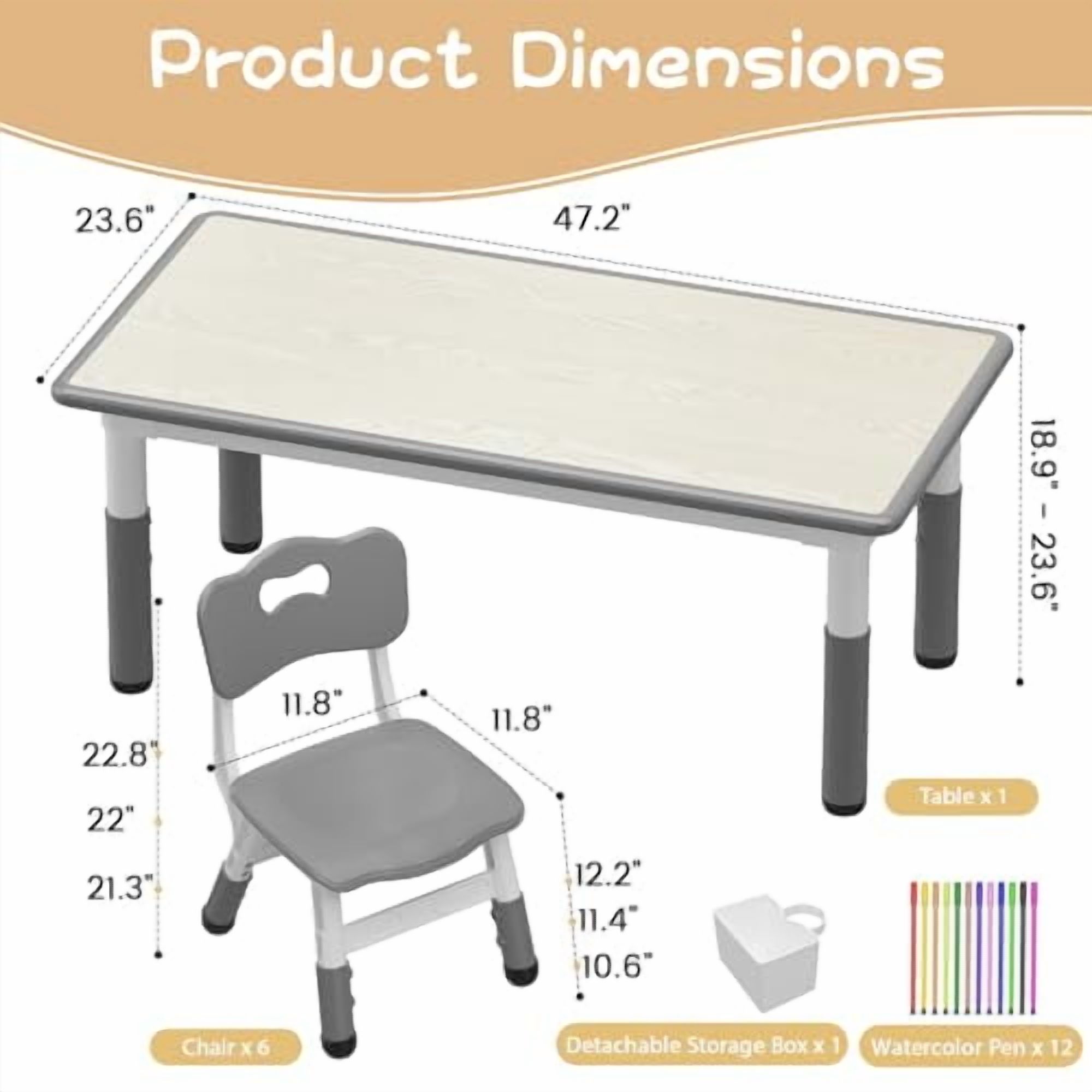 Kids Table and 6 Chairs Set with Storage Box, Height Adjustable Toddler Table and Chair Set for Ages 2-10, Graffiti Desktop, Non-Slip Legs, Children Activity Table for Daycare Classroom Home