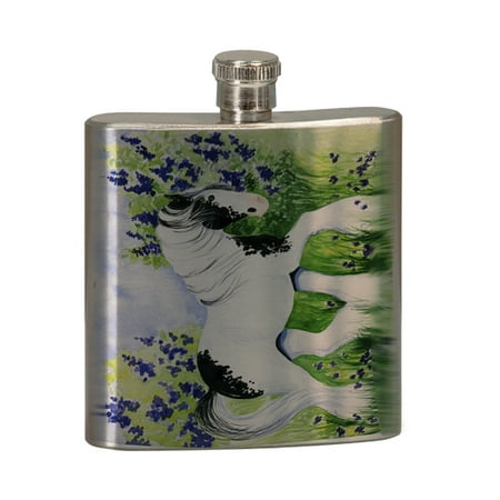 

KuzmarK 6 oz. Stainless Steel Pocket Hip Liquor Flask - Piebald Gypsy Cob with Lilacs and Violets Horse Art by Denise Every