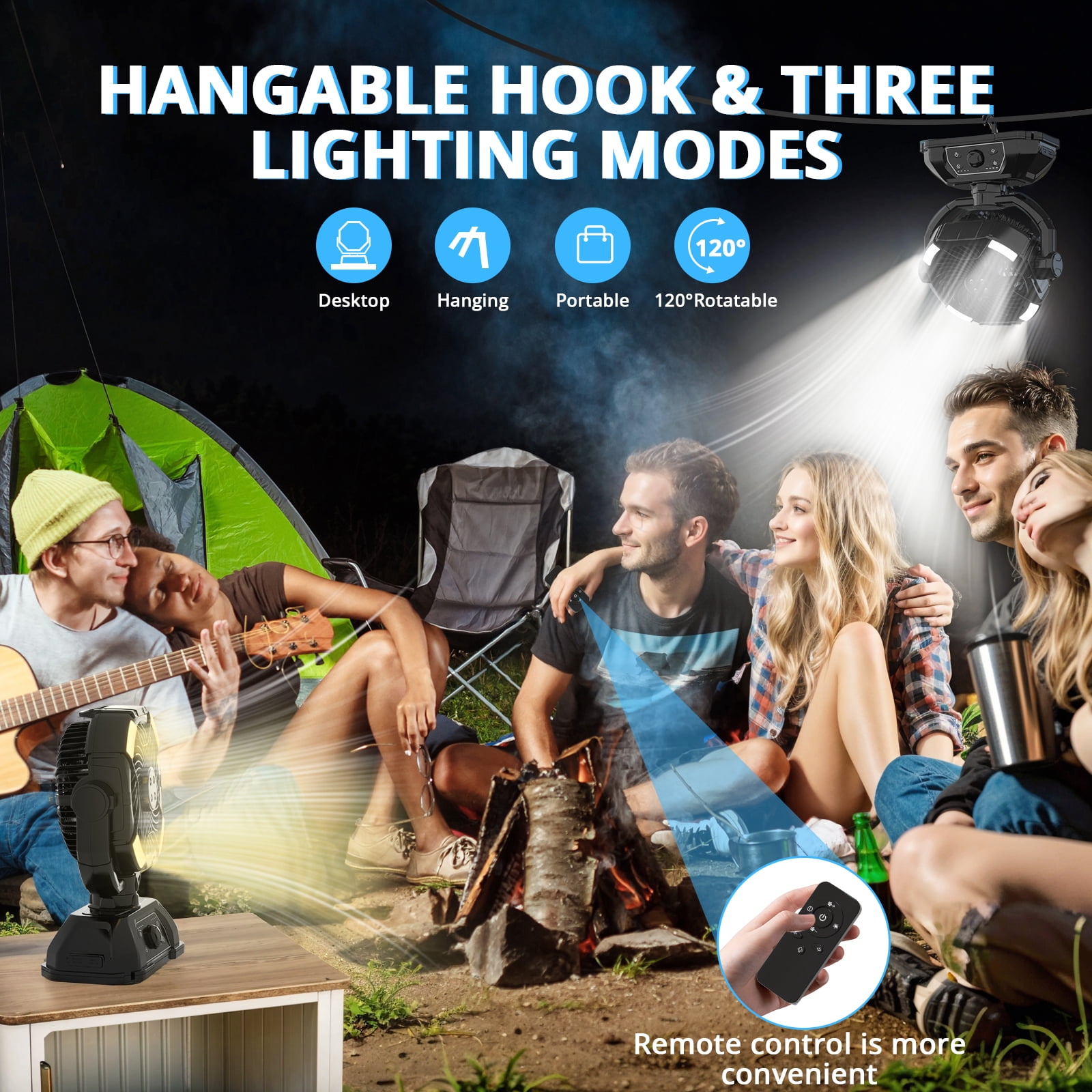 Outdoor Misting Fan Rechargeable with Remote & LED Light,20000mAh Cordless Battery Powered Camping Fan with 9L Water Tank & LED Lantern for Indoor, Tent, Travel, BBQ, Fishing, Jobsite