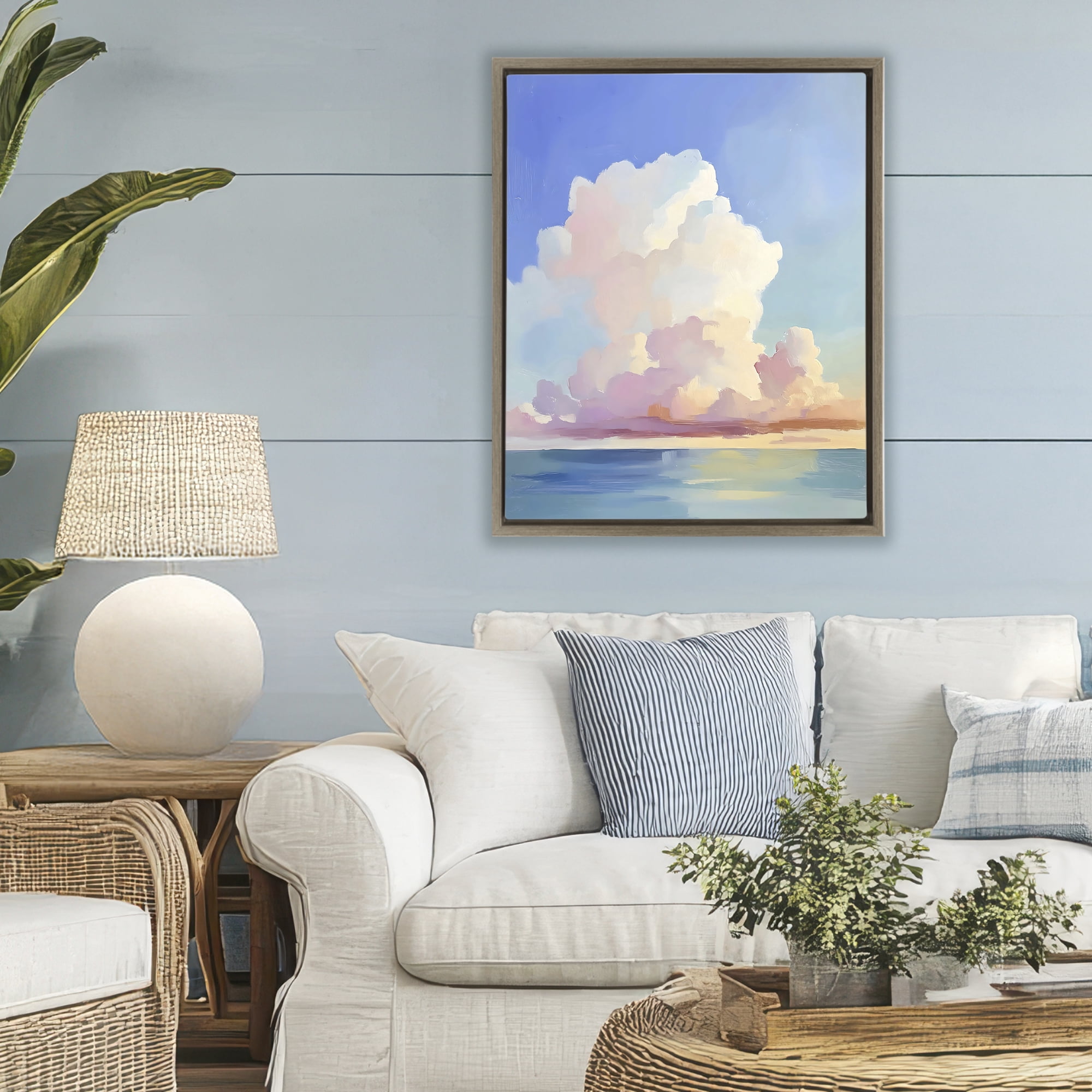 Stupell Industries Dreamy Pastel Clouds over Sea Brown Framed Floater Canvas Wall Art, design by The Prints Vibe