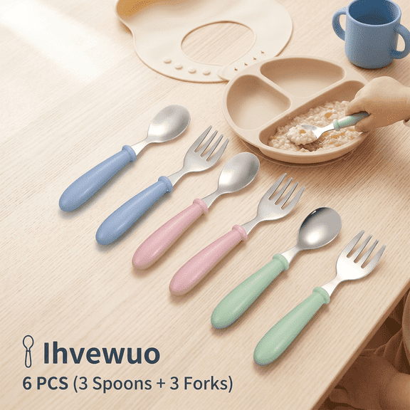 Stainless Steel Toddler Utensils Set, 6pcs Kids Fork and Spoon for Self-Feeding, Dishwasher Safe Cutlery for Children