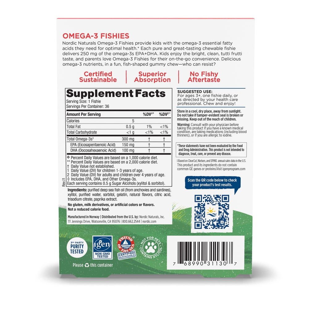 Nordic Naturals Nordic Omega-3 Fishies,Tutti Frutti, 300 Mg, 36 Gummies