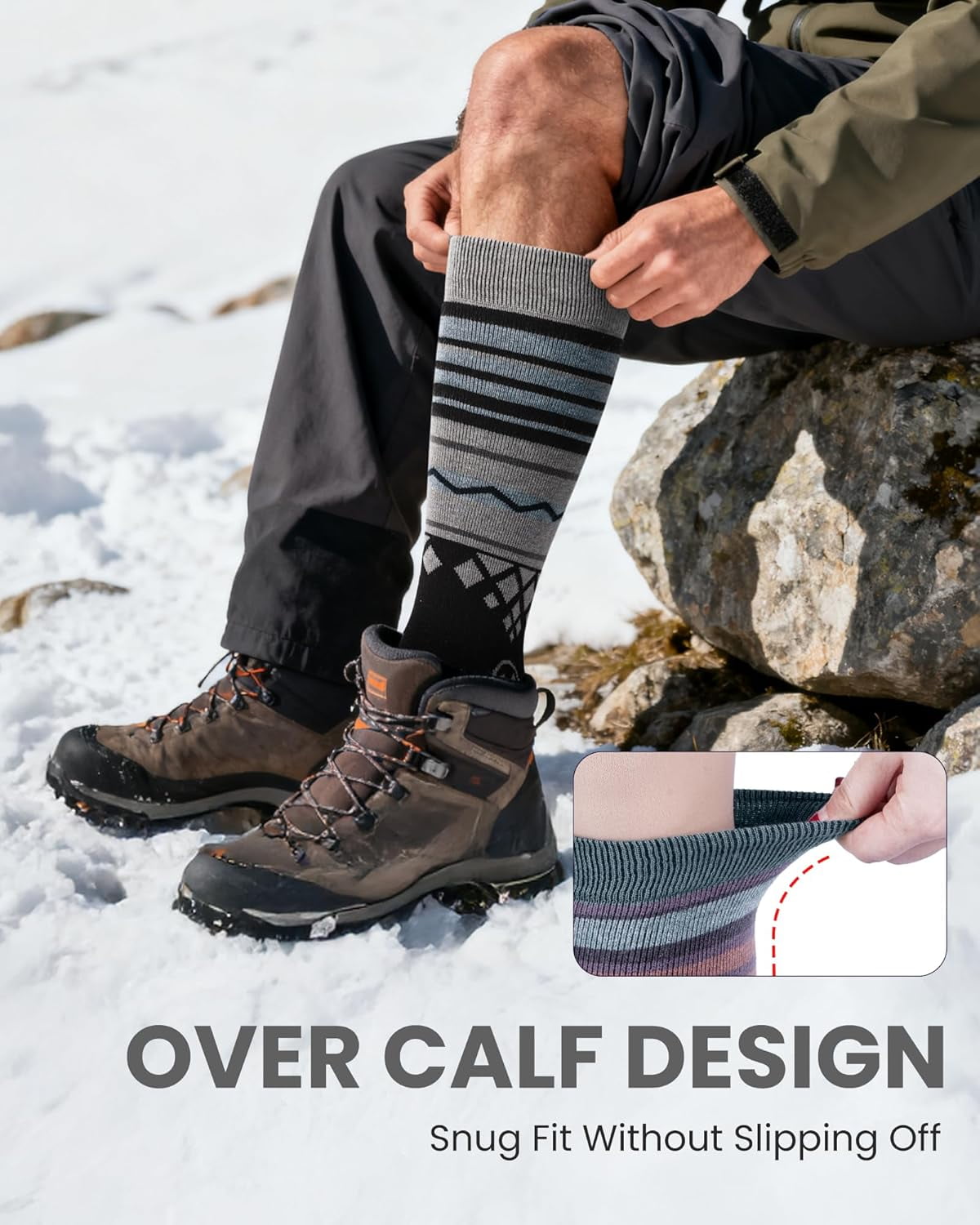 OutdoorMaster Ski Socks 2-Pack Merino Wool, Over The Calf Non-Slip Cuff for Men & Women