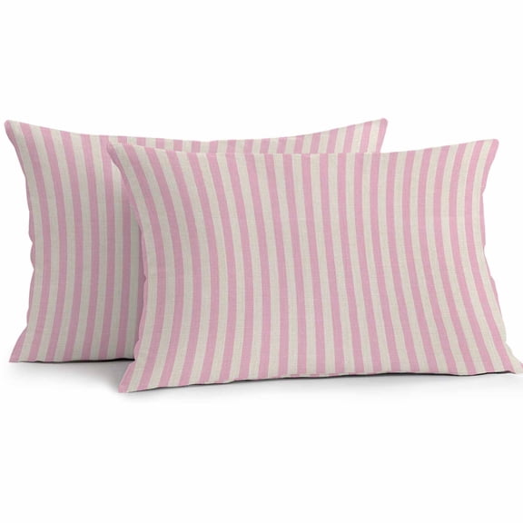Simple White Striped Outdoor Pillow Covers Set of 2 Pink Stripe Vintage Linen Waterproof Throw Pillow Case Decorative Square Cushion Cover for Patio Couch Garden Balcony, 20"x12"
