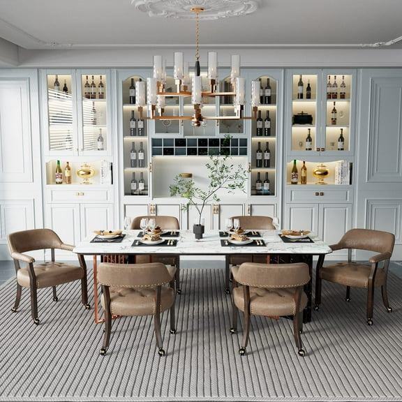 JESONVID Set of 6 Dining Chair with Casters, Captain's Chair with Caster Dining Chairs with Rollers Curving Backrest Dinette Sets Poker Chairs with Wheels Kitchen Table Rolling Chair（Light Yellow)