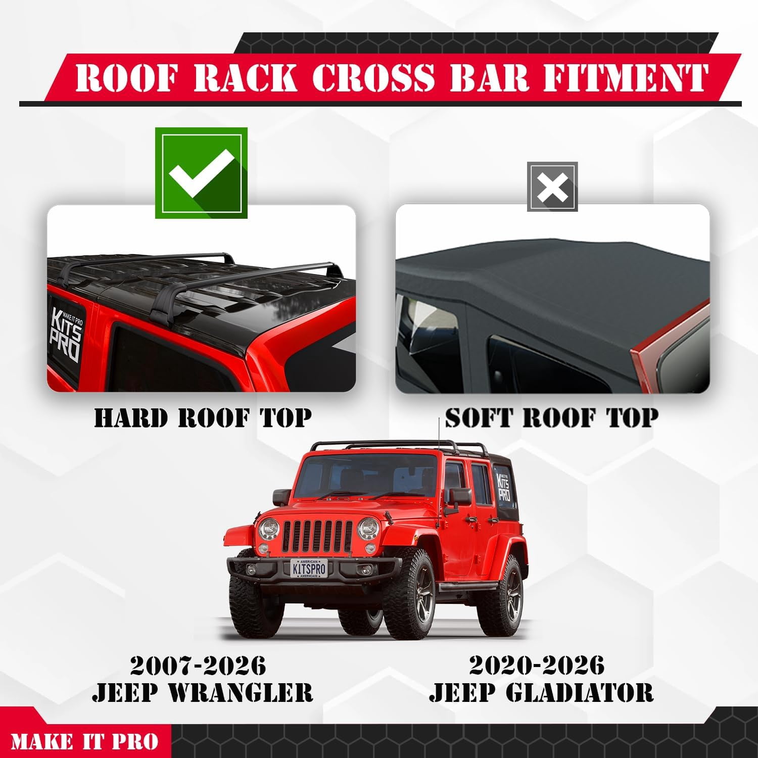 KitsPro 260lb Roof Rack Cross Bars for 2007-2026 Jeep Wrangler, 2020-2026 Jeep Gladiator, Matte Black Heavy Duty Aluminum Cargo Crossbar (ONLY FIT Hard Roof Top)