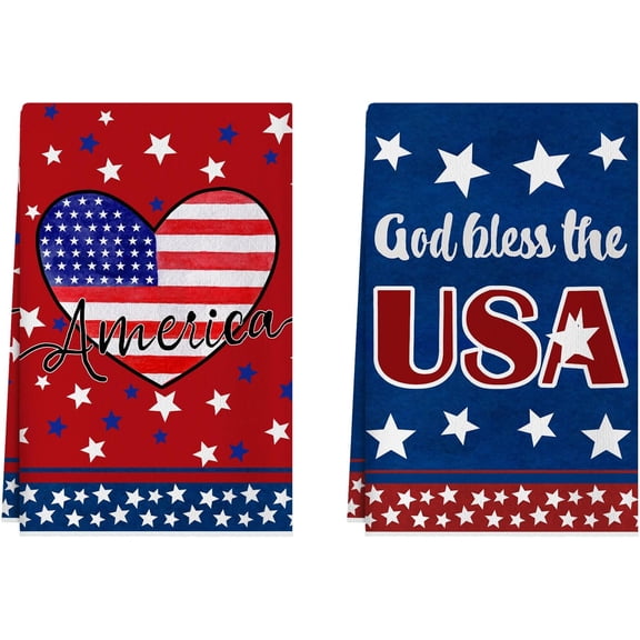 God Bless The USA Love Hearts America Stars 4th of July Kitchen Towels Patriotic Memorial Day Dish Towels 18x26 Inch Home Kitchen Decorations Hand Towels Set of 2 Drying Dishcloth
