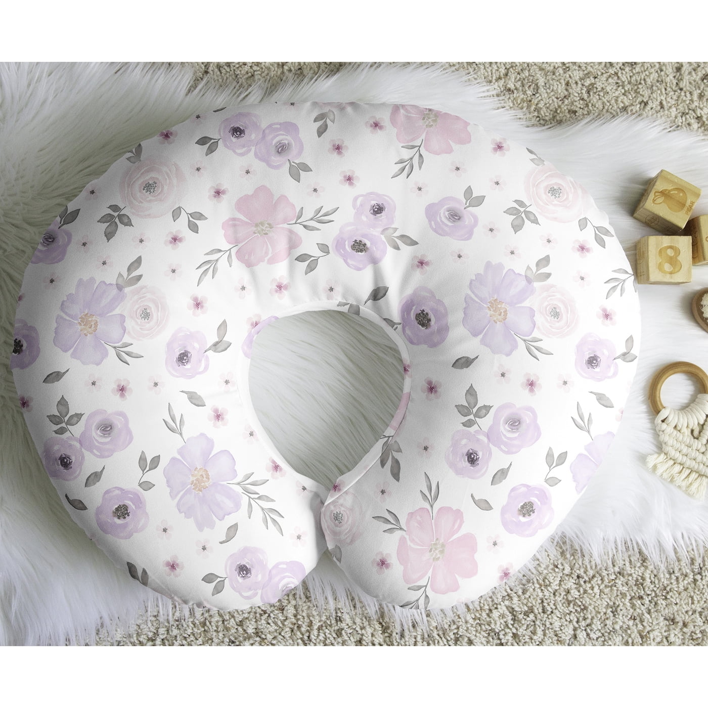 Sweet Jojo Designs Watercolor Floral Purple Grey and Pink Nursing Pillow Cover Case (Pillow Not Included) (Pillow NOT Included)