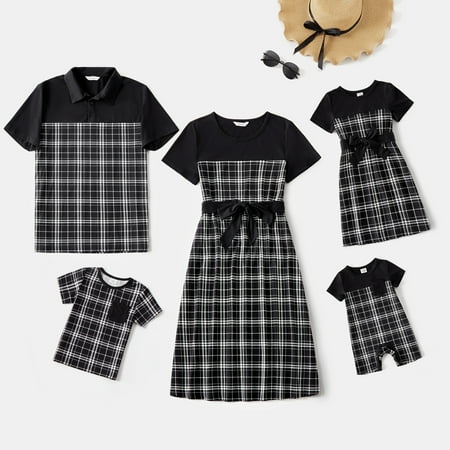 

PatPat Family Matching Black Short-sleeve Spliced Plaid Dresses and Tops