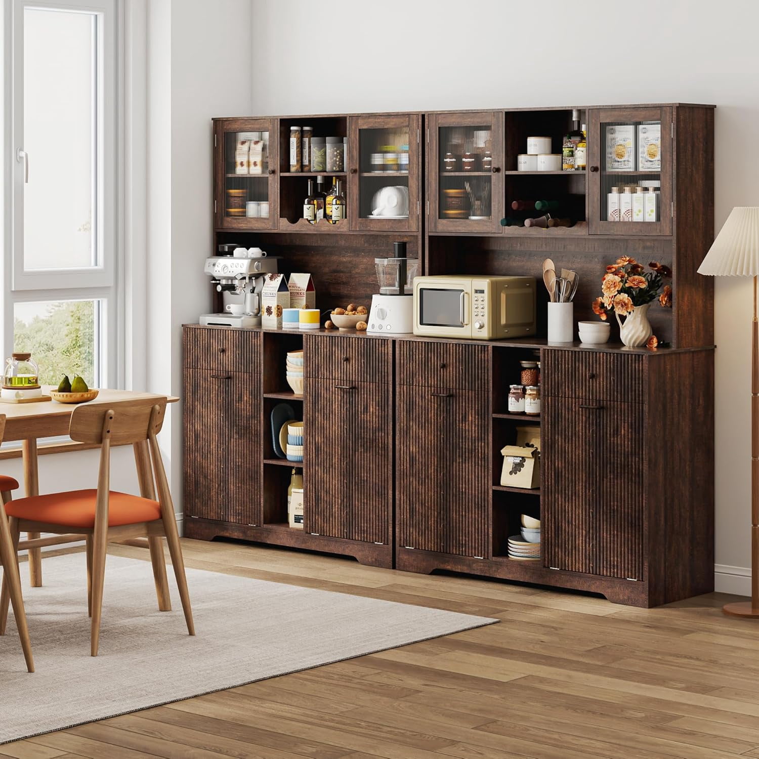 Blotout 47" Wide Kitchen Pantry Storage Cabinet with Charging Station & Microwave Stand, Tall Fluted Kitchen Hutch Cabinet, Double Tilt Out Trash Can Cabinet 10X2 Gallon