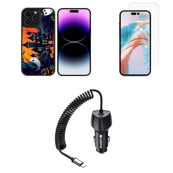 Bemz Phone Case for iPhone 15 Plus Bundle with Shockproof Anti-Scratch UV Print Protection TPU Cover, Glass Screen Protector, 40W Car Charger (USB-C Port) - 5 Foot (Halloween Haunted House)