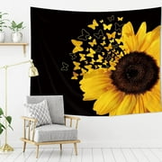JOOCAR Rustic Wall Decor Black Yellow Sunflower Tapestry 71"x59" Farmhouse Girl Bedroom Wall Art Women Floral Butterfly Flower Sunflower Decor Country Wall Hanging Living Room Dorm Decor Fabric