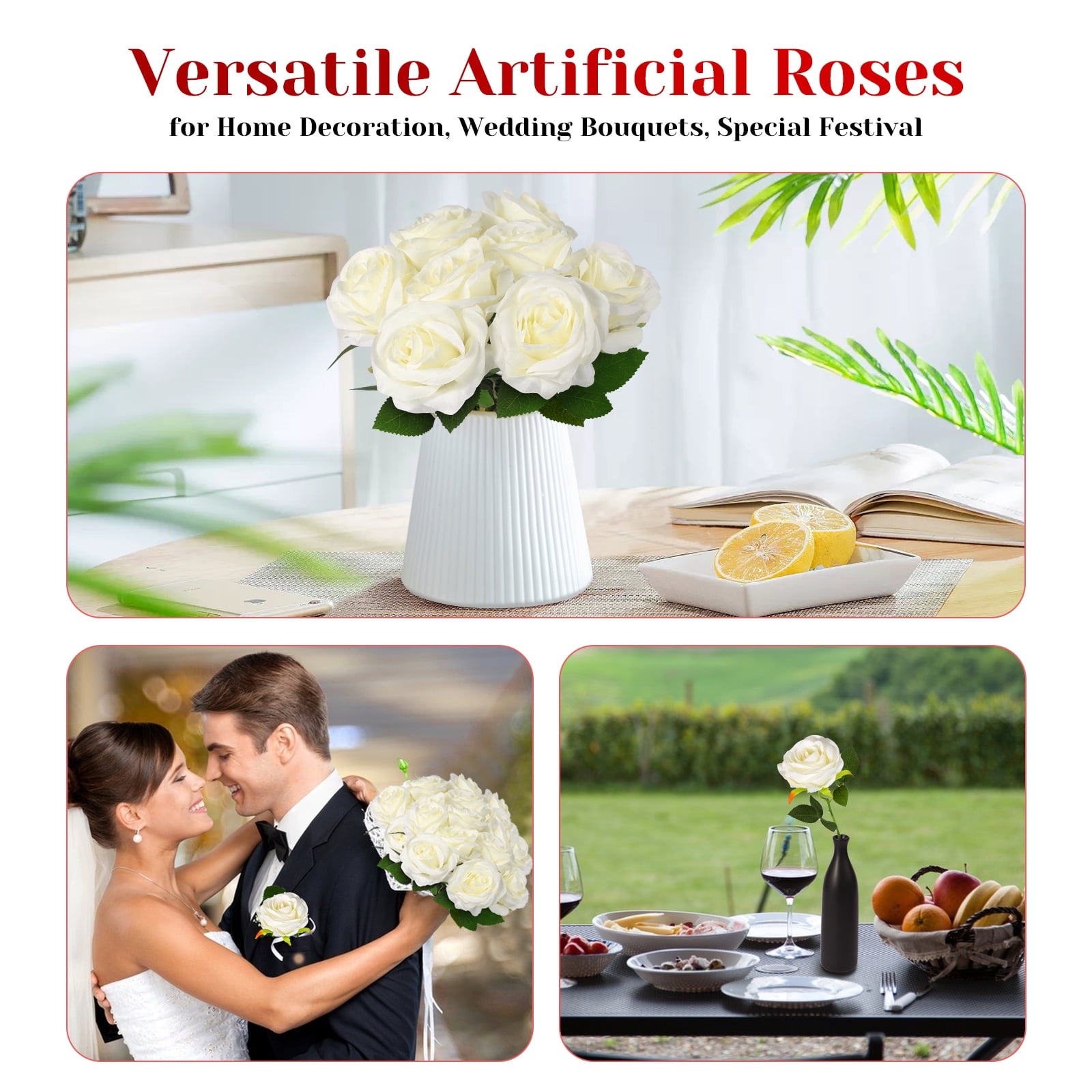 DUOTAN 20 PCs White Roses Artificial Silk Flowers, 4’’Big Flower Head Artificial Roses with Long Stems, Realistic Fake Roses Bulk for Home Wedding Bouquet Arrangements Party Decoration