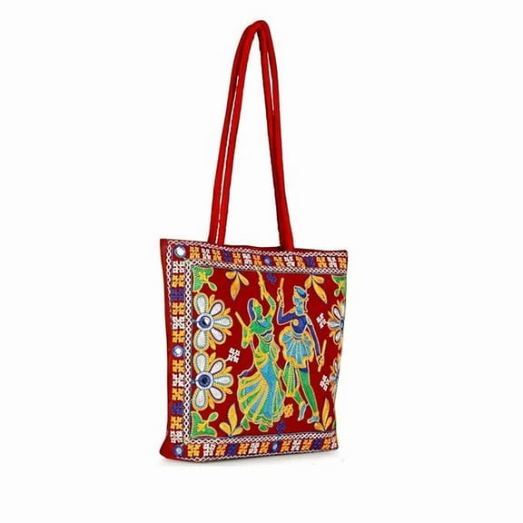 Traditional Red Floral Royal Looking Cotton Handbag for Women's Ethnic Rajasthani Jaipuri Embroidered Handbag Shopping, Office & Travel