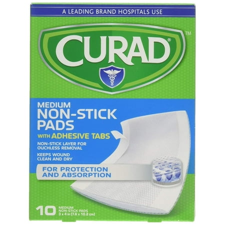 Curad Medium Non-Stick Pads With Adhesive Tabs, 10 count