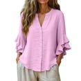 thumbnail image 4 of Xdegoge Linen Button Down Shirts for Women V Neck Three Quarter Ruffle Sleeve Elegant Workwear Going Out Relaxed Fit Solid Plain Design Flowy Stretchy Spring Tops, 4 of 7