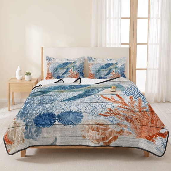 Queen Quilt Set, Underwater Turtle Ocean Starfish Lightweight Quilt Sets Summer Comforter Coverlets with 2 Pillow Shams, Sea Coral Wood Board Breathable 3 Piece Bedding Set for All Seasons