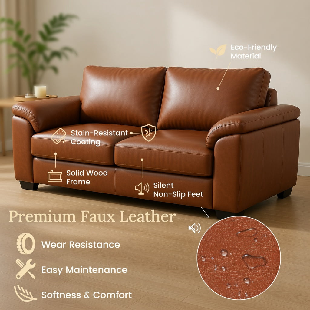 Hommoo Modern 2-Seater Loveseat Sofa in Brown PU Leather, Compact Small Couch for Living Room, Office & Guest Space, Brown