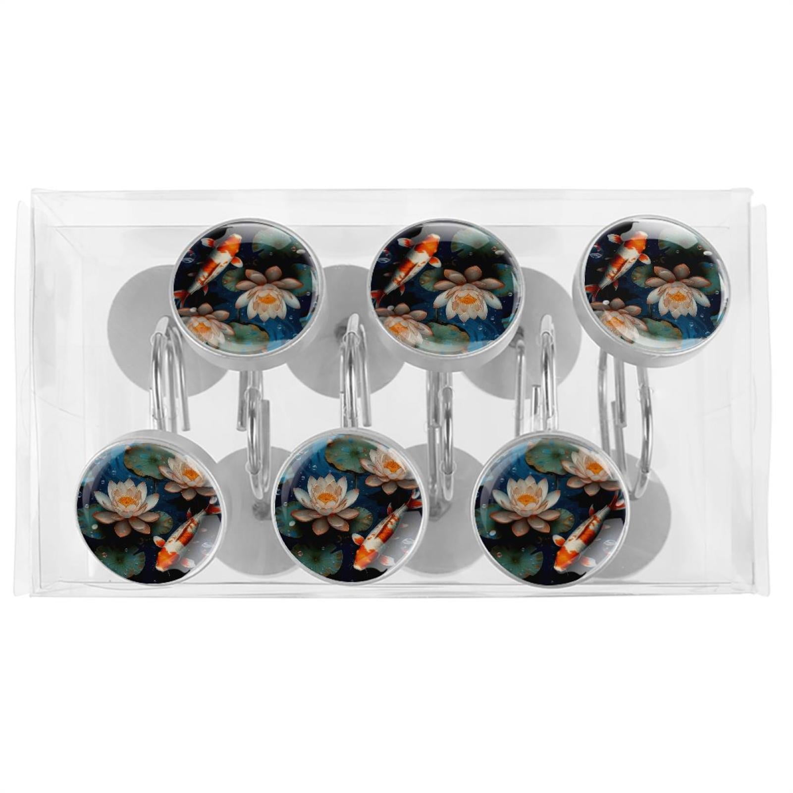 Imobaby 12 Pcs Metal Shower Curtain Hooks Rust Proof for Shower Curtain Liner - Lotus Pond Bubble Goldfish