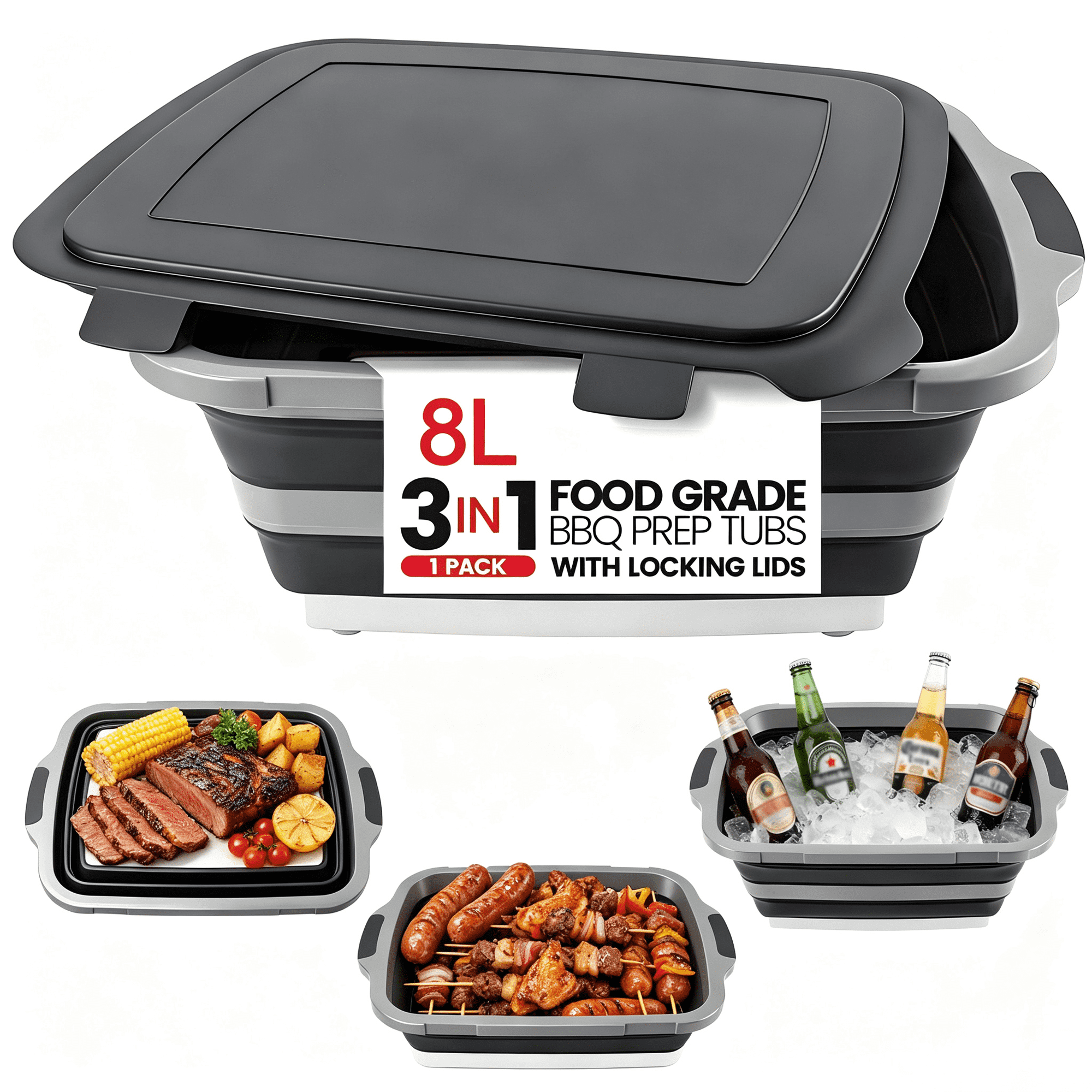 Collapsible BBQ Prep Tub with Built-In Cutting Board, Lid & Strainer – Marinate, Drain & Prep – Large Food-Safe Container – Perfect for Grilling, Smoking & Outdoor Cooking (Black)