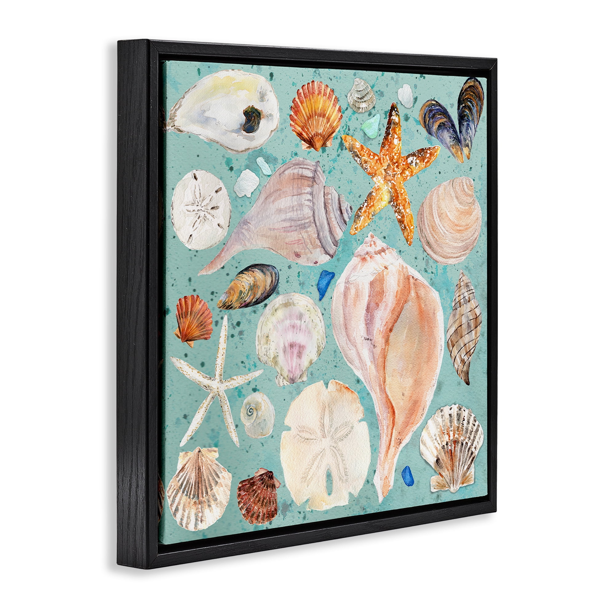 Stupell Industries Seashell Puzzle Pattern Coastal Painting Black Floater Framed Canvas Art Print Wall Art, 18 x 18