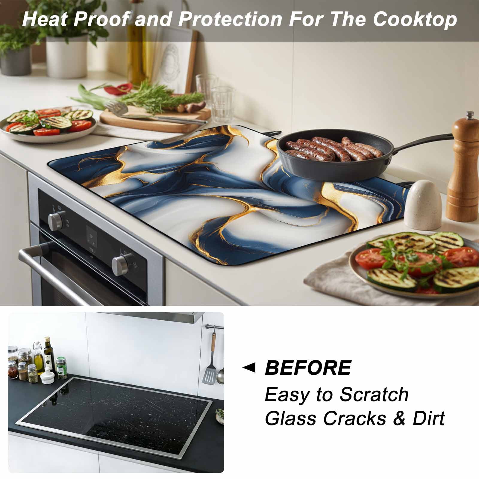 Navy Blue Marble Stove Top Cover for Electric Stove, Heat-proof & Non Slip Glass Top Stove Cover Protector, Gold Modern Art Kitchen Flat Cooktop Rubber Mat 24x21 Inches