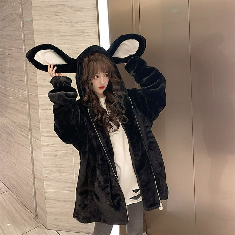 Sardfxul Women Faux Fur Hoodies for Jacket Bunny Ears Zip Up Sardfxul Women Faux Fur Hoodies for Jacket Bunny Ears Zip Up