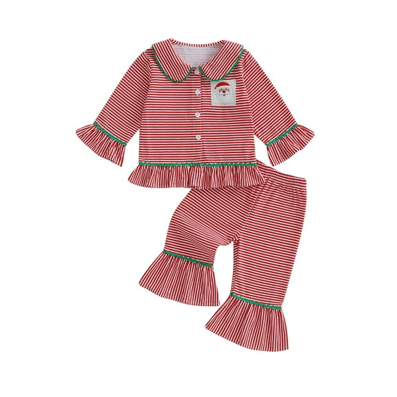 BemeyourBBs Toddler Baby Girl Christmas Pajama Set Ruffled Striped Tops and Pants