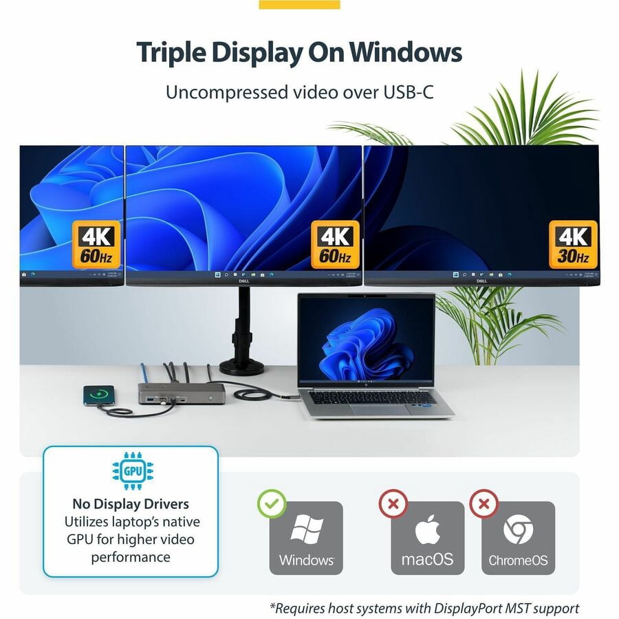 StarTech Triple-Monitor USB-C Docking Station, DP / HDMI, 4K 60Hz, 100W Laptop Charging, 1GbE, Driverless, Multi-Monitor Dock