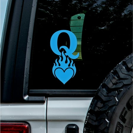 2 Pcs - No Background - Waterproof Car Sticker Decal of Flaming Heart Letter Q Monogram for Laptop Water Bottle Window (Azure Blue 5.1 x 9.5 ) |K17044BE