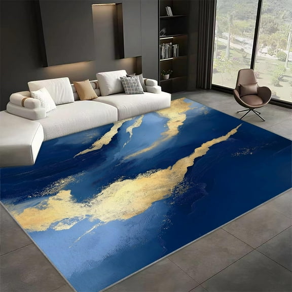 Living Room Area Rugs, Minimalist Abstract Art Painting Printed Design Carpet, Dark Blue Washable Rectangle Rug, Soft Short Pile Carpet For Bedroom Dining Room Non-Slip Rug