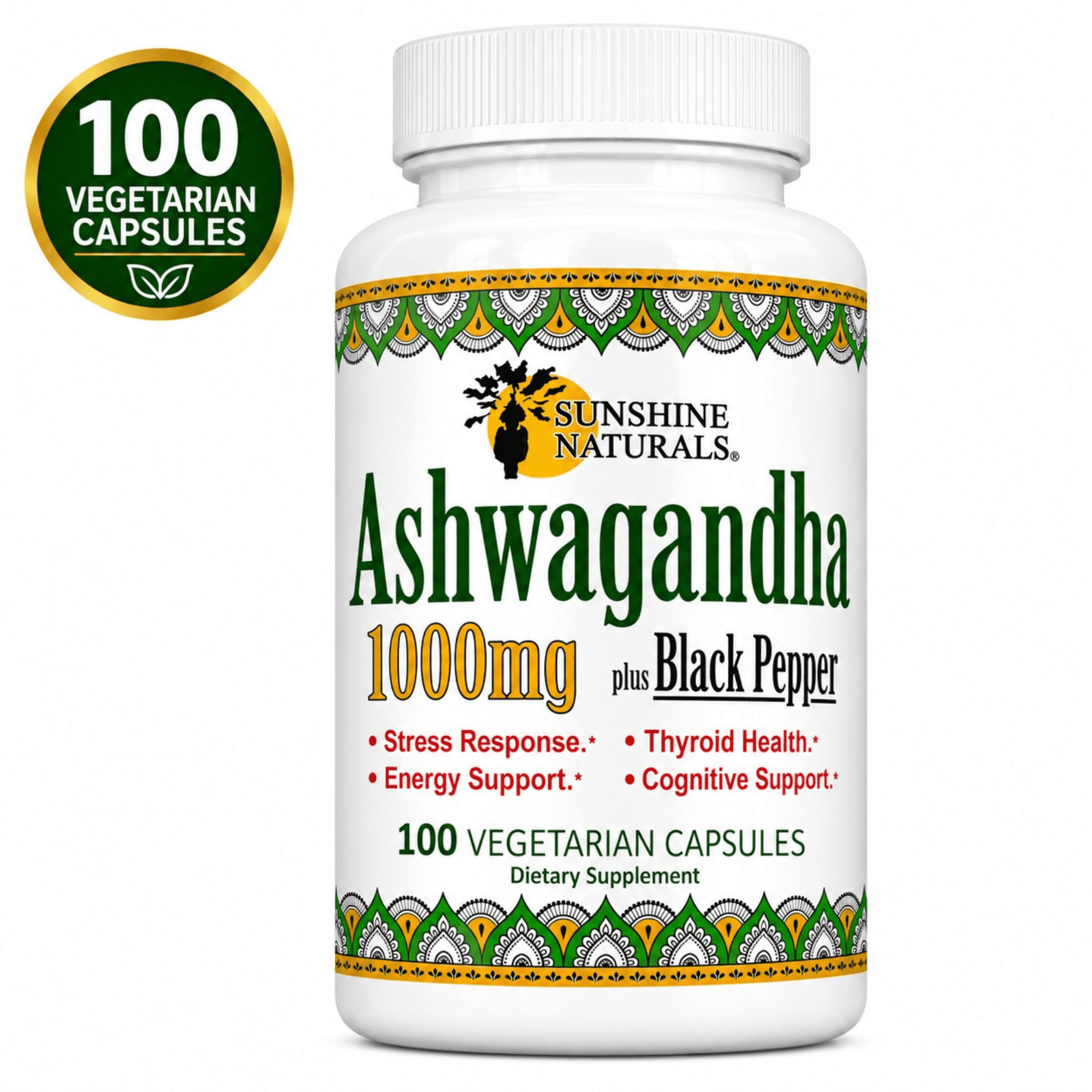 Sunshine Naturals Ashwagandha with Black Pepper Stress & Anxiety Help, 100 Capsules