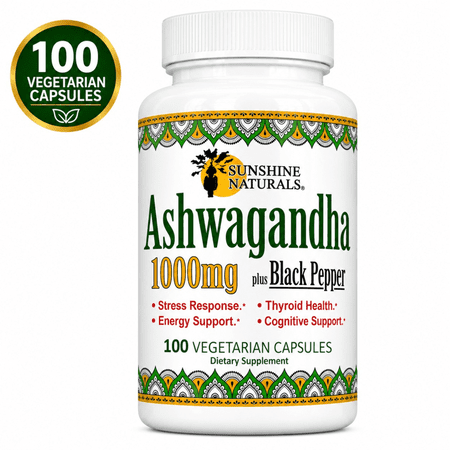 Sunshine Naturals Ashwagandha with Black Pepper Stress & Anxiety Help, 100 Capsules