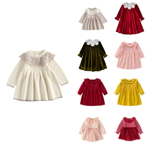 Antinious Girls Long Sleeve Round Neck Solid Dress Girls Frock Banquet Evening Dress Elegant Princess Dress,Toddler Girls Winter Outer Dress,Kids Party Dress,Beige,110