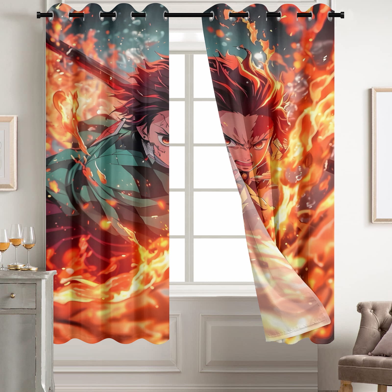 Anime Curtains for Bedroom Drapes Slayer Tanjirou Inosuke Kyoujurou Print Design Window Treatments Curtain Panel Set, 2-Panels, 42" W x 63" L