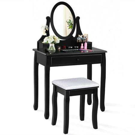 Gymax Bathroom Wooden Mirrored Makeup, Mirrored Makeup Vanity Table
