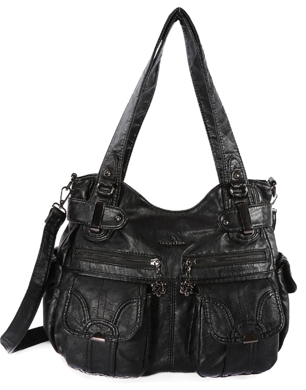 Zzfab - 2 Front Pockets Large Soft Washed Leather Handbag Soft leather Crossbody Bag Black ...