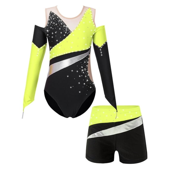 CHICTRY Kids Girls Shiny Glitters 2Pcs Activewear Off-Shoulder Gymnastics Sports Leotard with Shorts Dance Outfit