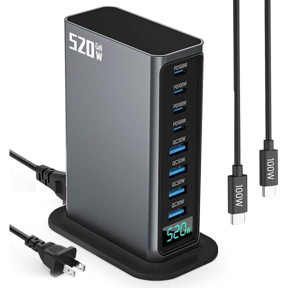 520W Charging Station for Multiple Devices, 8 Ports GaN USB C Charger Block with 100w USB-C & 30w USB-A Ports, Desktop Fast Charging Station Hub Compatible with Laptop/Phone/Tablet, Black