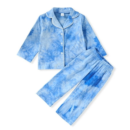 

Sinhoon Toddler Baby Kids Satin Pajamas Set Tie-dye Long Sleeve Button-Down Sleepwear PJs for Girls (Blue 12-18m)