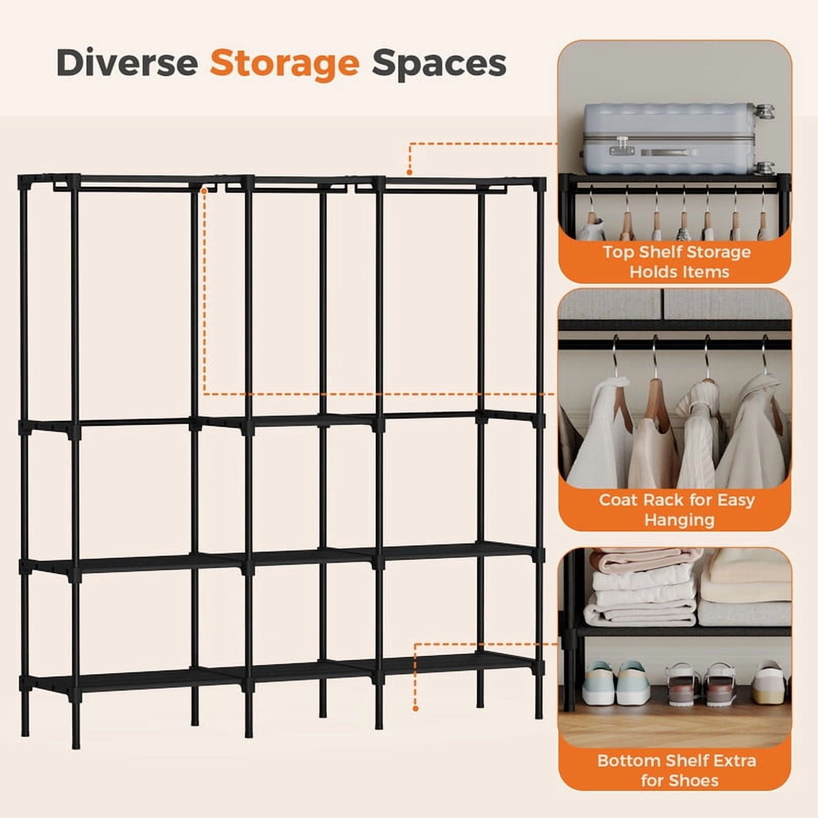Gianna 72 Inch Hanging Clothes Rack, Portable Freestanding Multi-purpose Storage Rack, Black