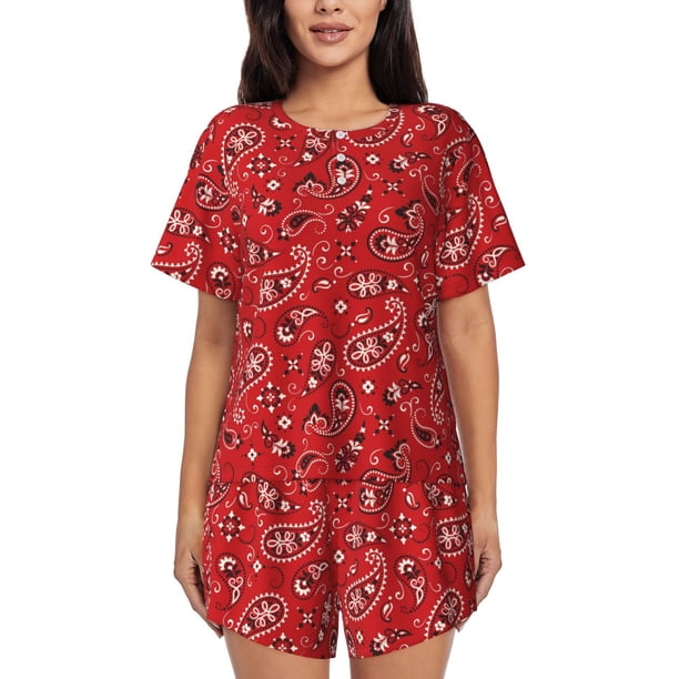 Fotbe Red Paisley Floral Conjunto de Pijama Estampado para Mujer, 2 Piezas, Ropa de Dormir con Camiseta de Manga Corta y Shorts Suaves-Large