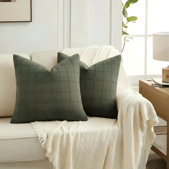 AUQ 2026 New 2 Packs Olive Green Boho Linen Check Decorative Throw Pillow Covers 18×18 Inch for Sofa Chair Couch Bedroom Living Room,Neutral Farmhouse Vintage Cushion Cases Modern Home Decor,45 Cm