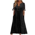 thumbnail image 2 of Uscallm Women Plus Size V Neck Short Sleeve Eyelet Boho Flowy A-Line Maxi Dress Casual Solid Beach Vacation Long Dresses, Black M, 2 of 6