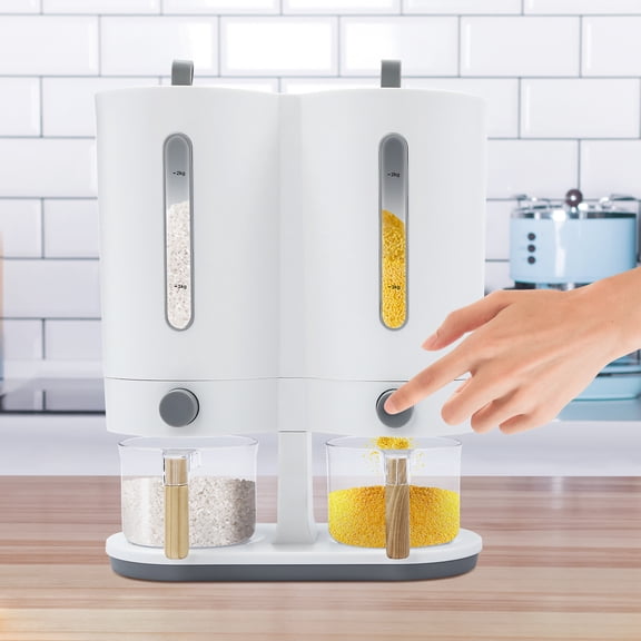 ToppiJoy 2 in 1 Cereal Rice Dispenser, Dual Control Dry Food Dispenser with Rice Cups Airtight Lid for Home Kitchen (Gray)
