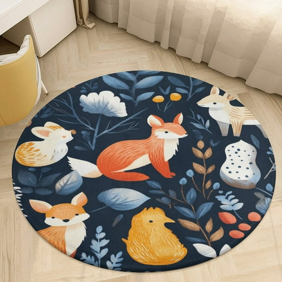Forest Animals Round Area Rugs for Bedroom Living Room, 4FT Soft Indoor Circle Carpets, Carpet Home Decor Floor Mat