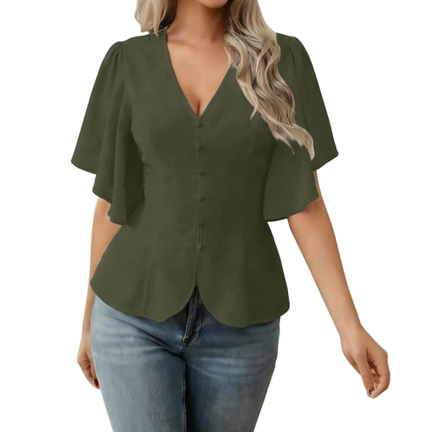 Casual Tops V-Cuello Manga Corta Suéter Camisa Moda Tee para las Mujeres Elegante Blusa de Verano