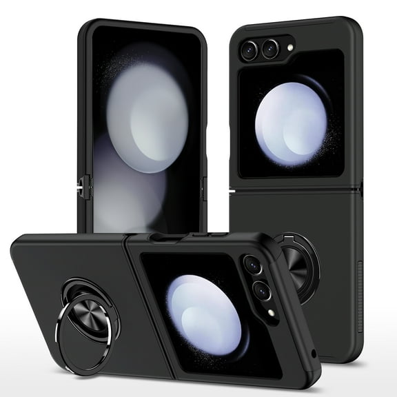 AIOVETEAB for Samsung Galaxy Z Flip 5 Case,Silky Soft Touch Heavy Duty Protective Cover with Ring Holder Kickstand Magnetic Phone Case for Samsung Galaxy Z Flip 5 (Black)