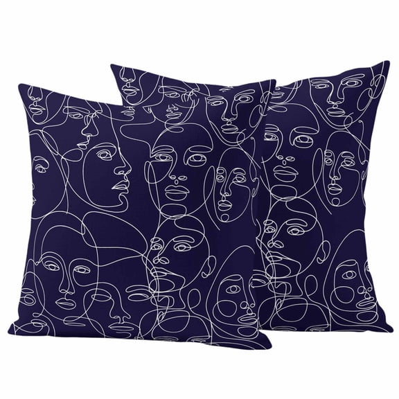 Abstract Style Outdoor Waterproof Pillow Covers, Face Line Modern Character Art Navy Blue Decorative Square Throw Pillowcase Sofa Cushion Sham for Patio/Couch/Chair, 24"x24" 2 Pack