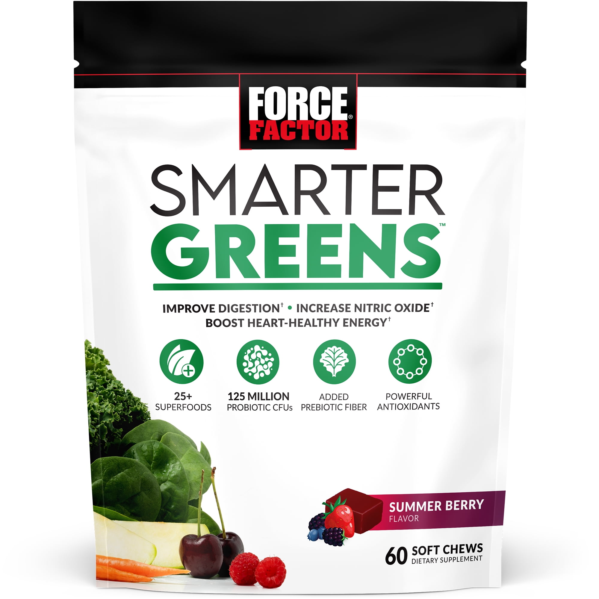 Force Factor Smarter Greens Soft Chews, Greens Superfoods Supplement, Summer Berry, 60 Soft Chews